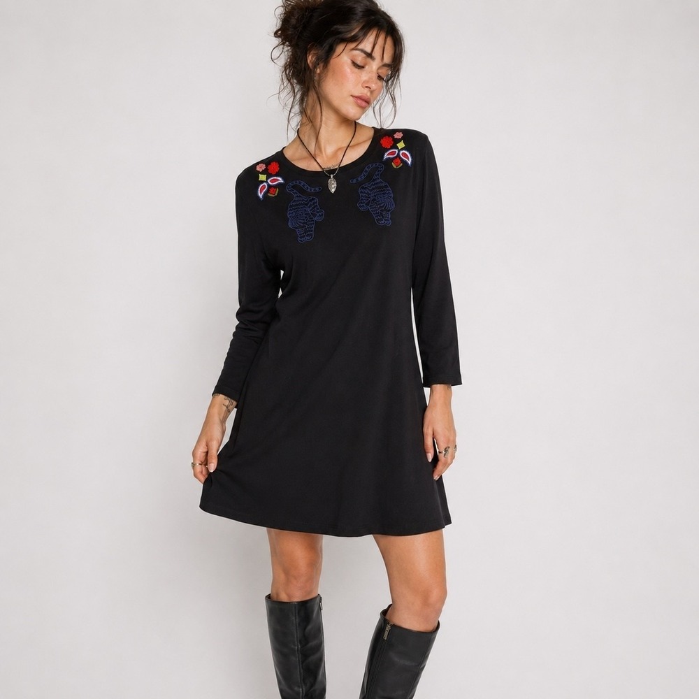 Desigual Embroidered Tiger Floral Knee Length Dress Black Long Sleeve Womens M